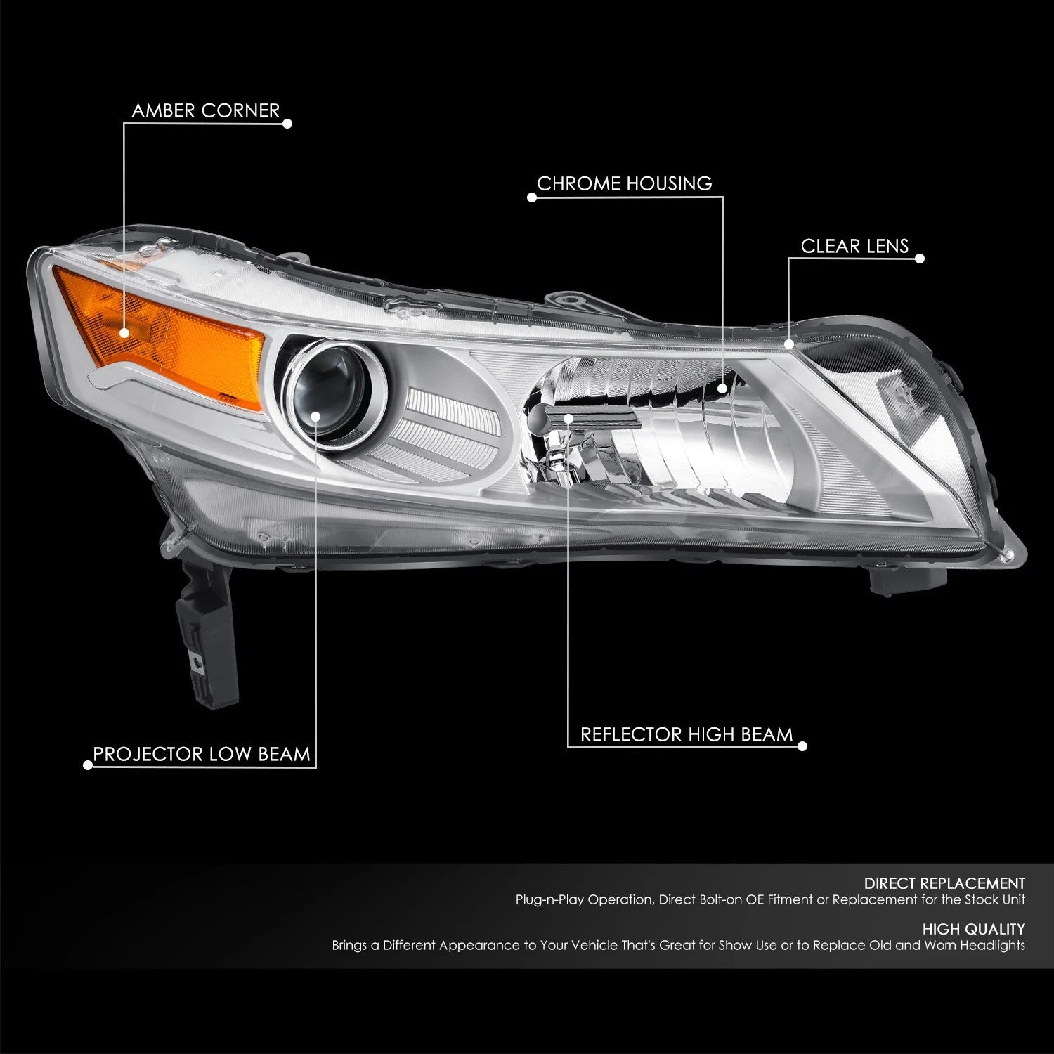 Passenger Side Chrome Housing Projector Headlight for Acura TL (2009–2011)