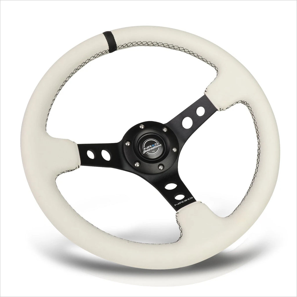 NRG RST-006BK-WT-B 350mm 3" Deep White Leather Black Stitch Steering Wheel