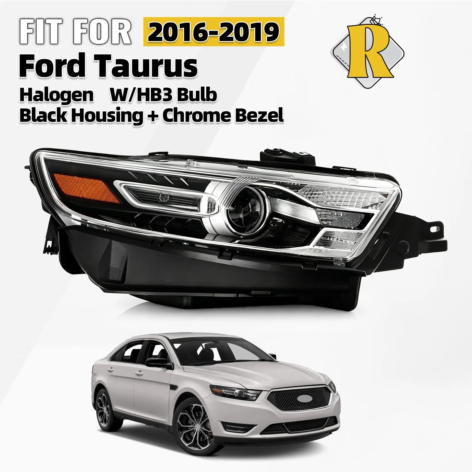 Halogen Headlight for Ford Taurus (2016–2019) Black Housing W/HB3 Bulb RH
