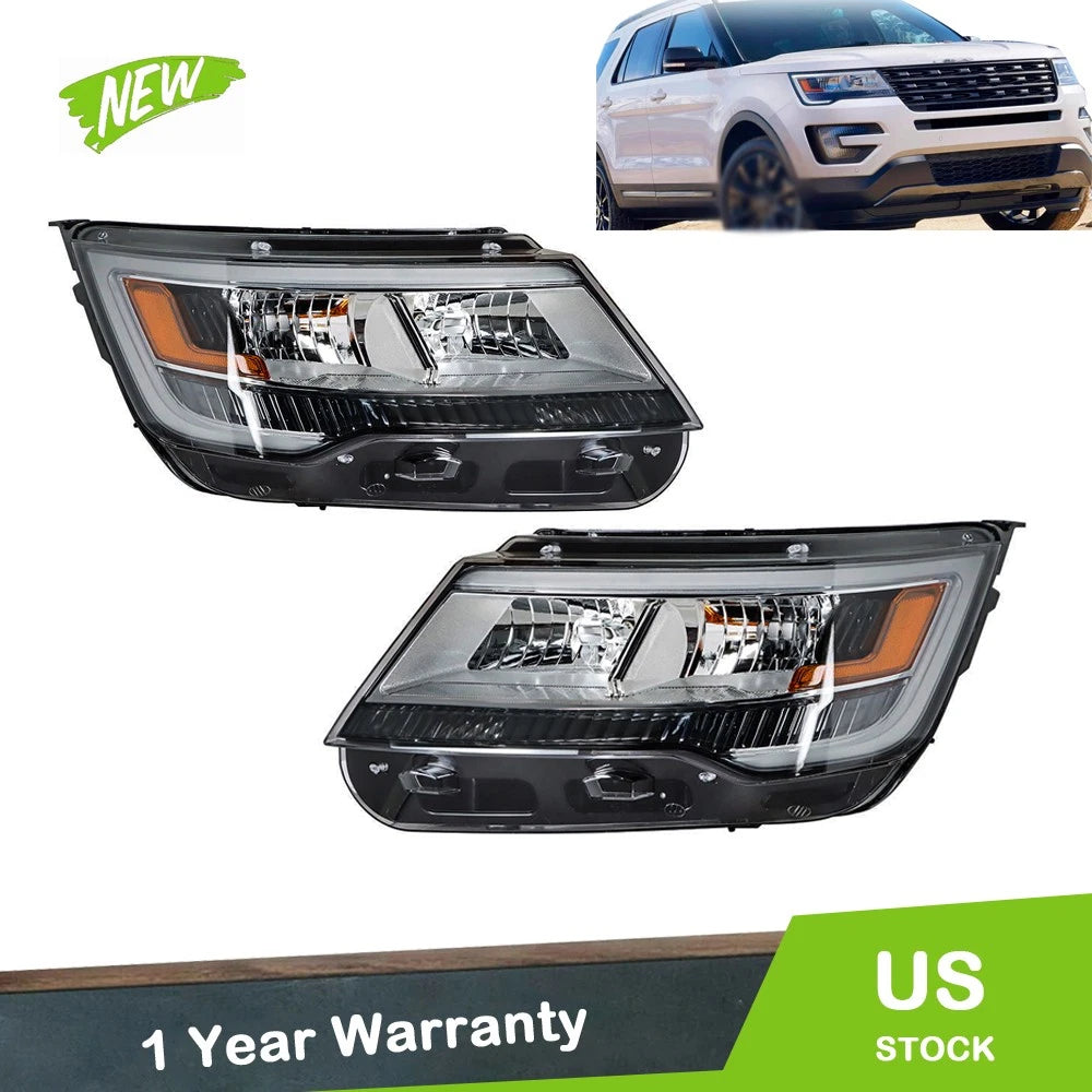 Pair of Headlights for Ford Explorer (2016–2019) Halogen w/ LED DRL Chrome