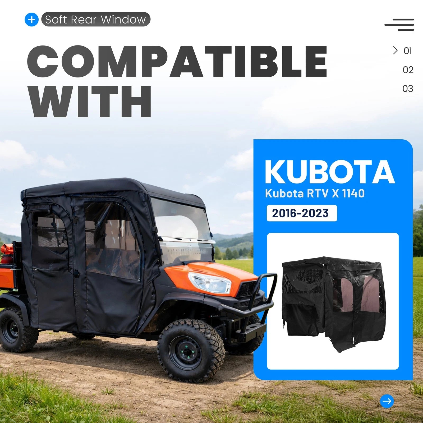 Cab Assembly Soft Door Rear Window Roof Combo for Kubota RTV (2016–2023)