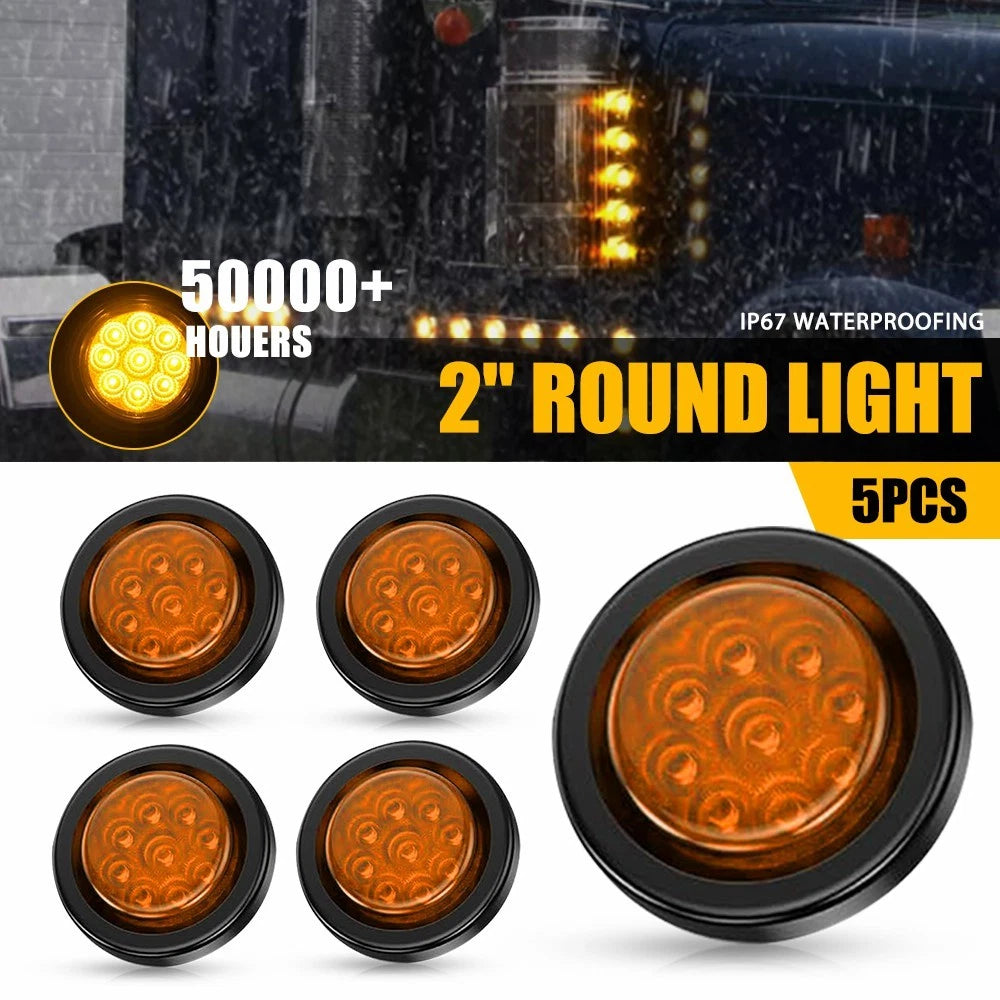 5x Amber 2" Round 9-LED Side Marker Clearance Lights for Truck Trailer (12V)