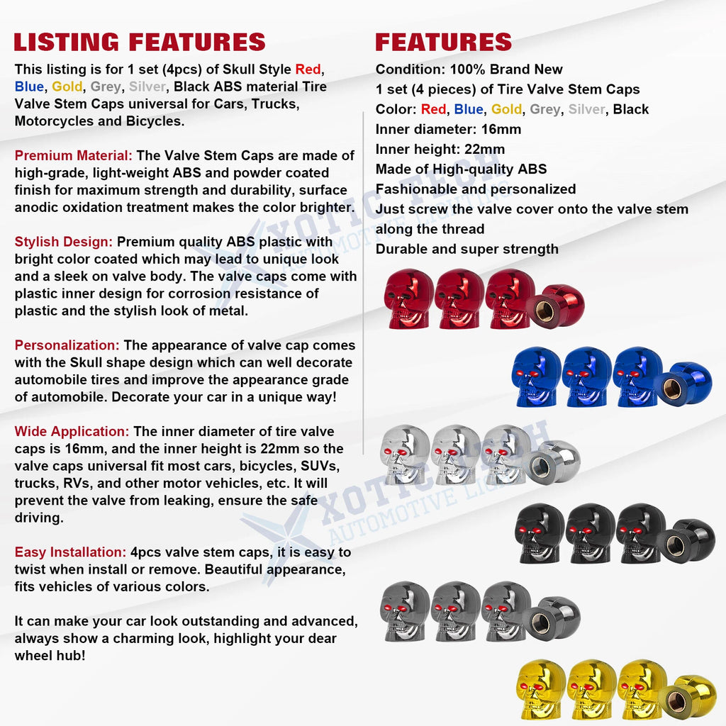 Skull Valve Stem Caps Dustproof Cover Set for Most Vehicles (-)