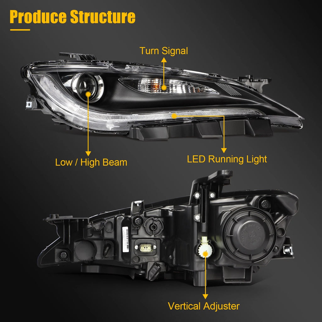 Pair Black Halogen Headlight Assembly with DRL Projector for Chrysler 200 (2015–2017)