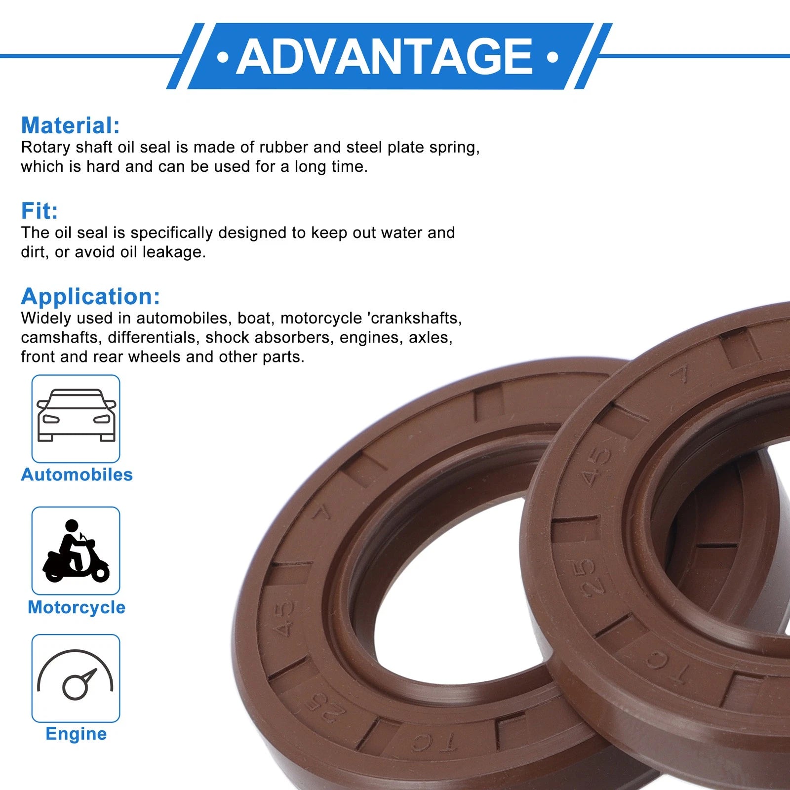 2X Oil Seal Rotary Shaft Seal for Various Models (25x45x7mm) FKM Rubber