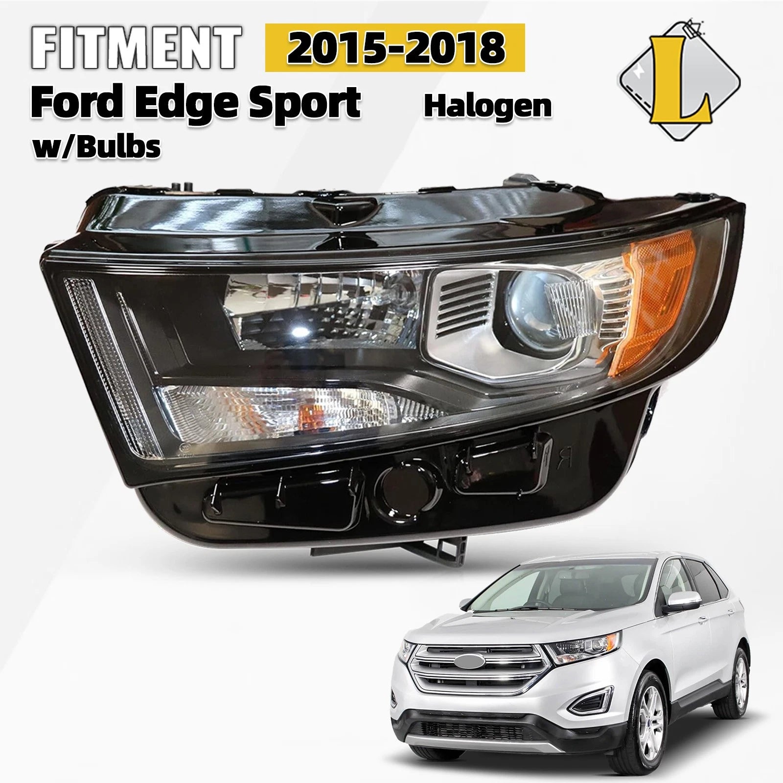 Halogen Headlight for Ford Edge Sport (2015–2018) Left Driver Side, Black