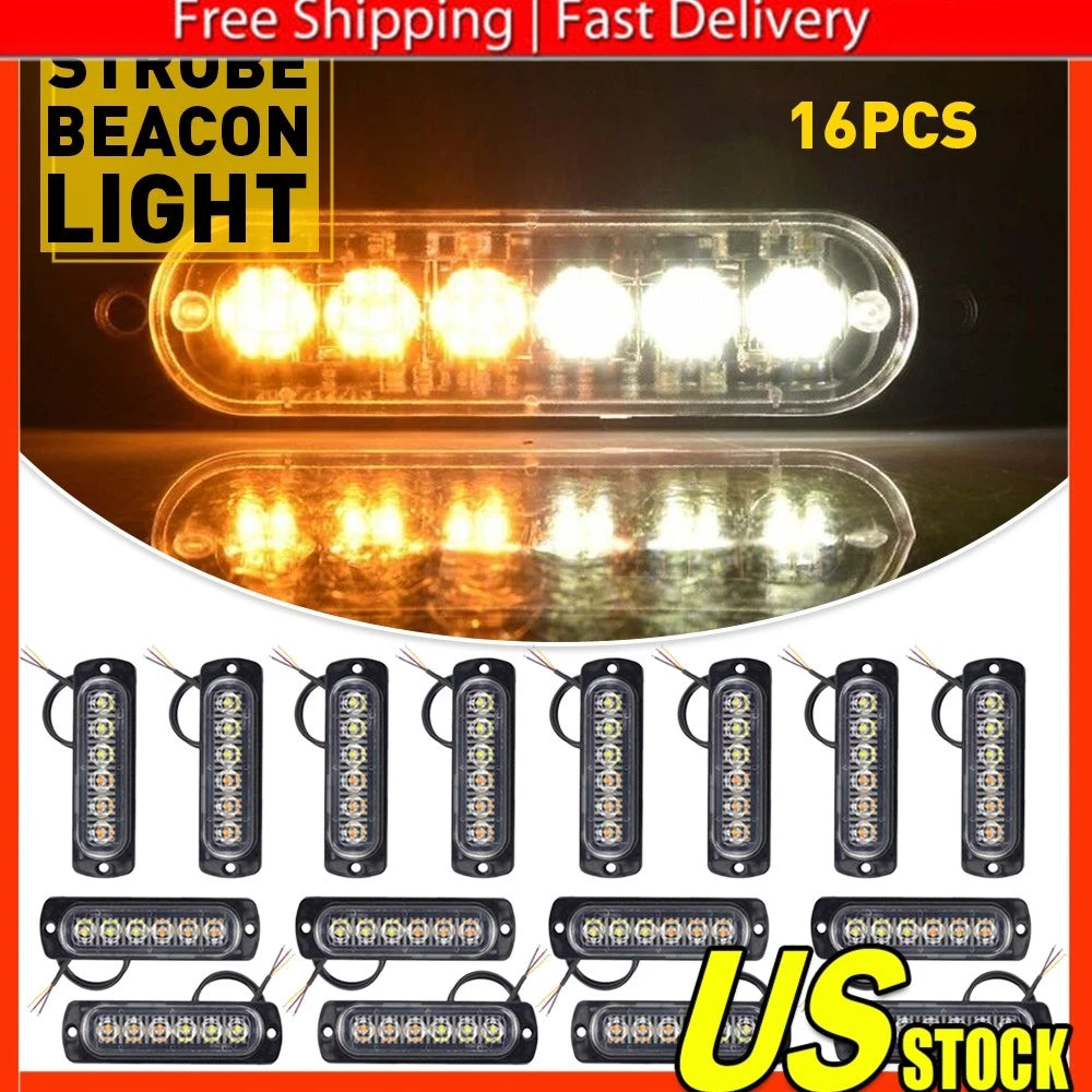 16X LED Amber/White Side Marker Flash Strobe Light Bar Kit for Tow Truck