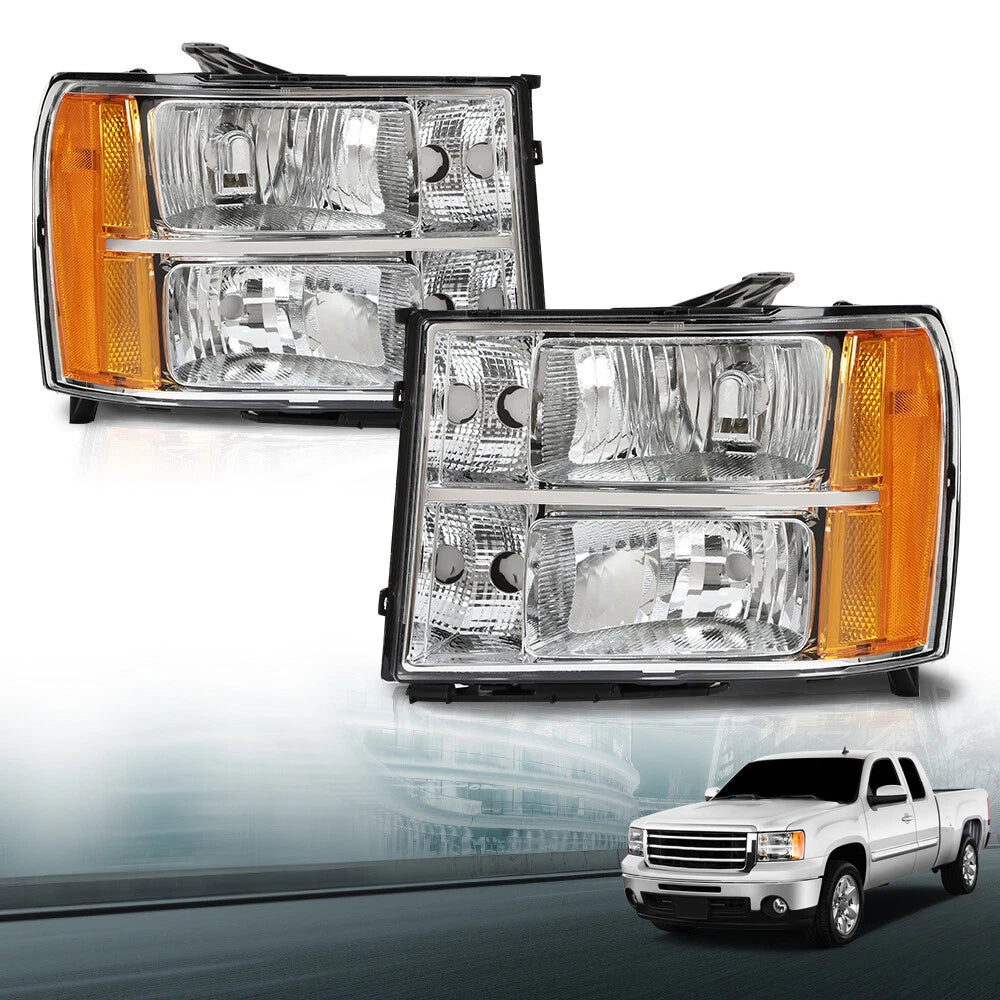 Amber Corner Chrome Headlights for GMC Sierra 1500 2500HD 3500HD (2007–2014)