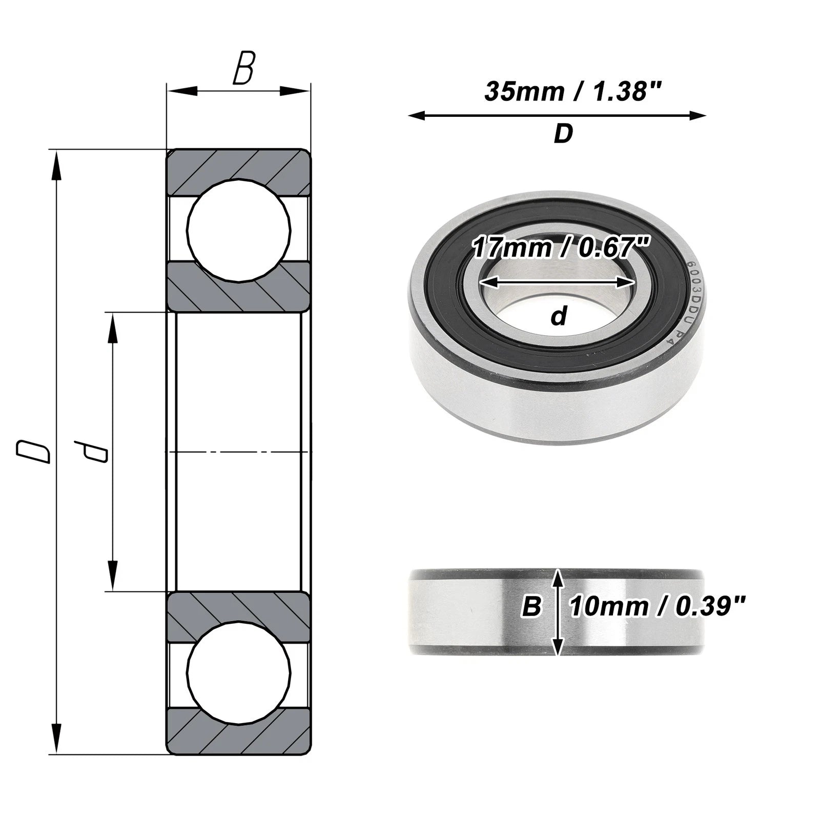 1 Pc 6003DDU Deep Groove Ball Bearing for Scooter Skateboard Wheel (N/A)