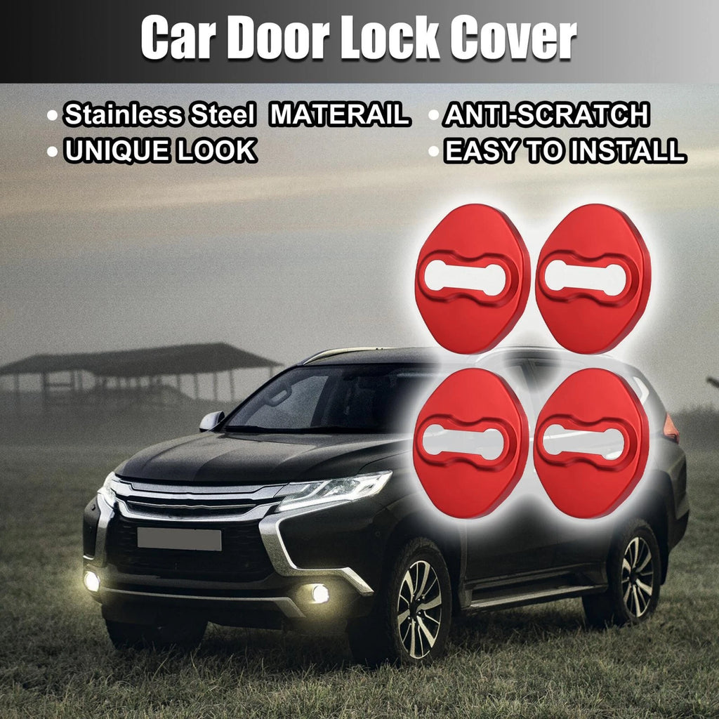 Set of 4 Door Lock Latch Covers for Mitsubishi (Stainless Steel, Red)