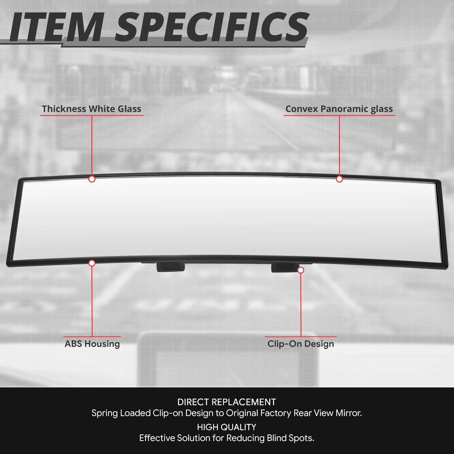 Universal Convex Panoramic Wide Angle Rear View Mirror Glass 11.8" X 3" X 1"