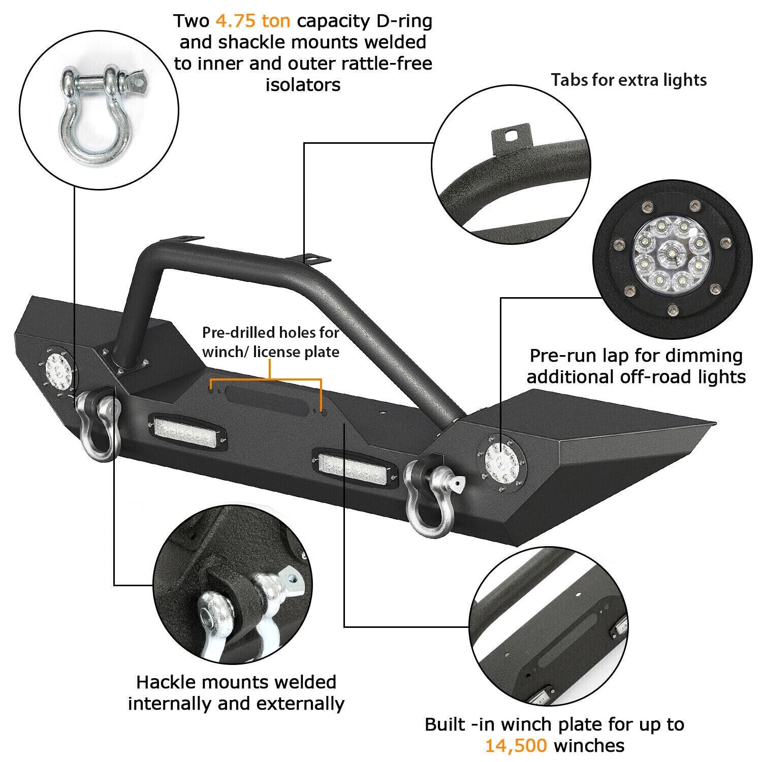 Front Bumper w/LED Lights for Jeep Wrangler JK JL (2007–2024) Gladiator JT (2020–2024)