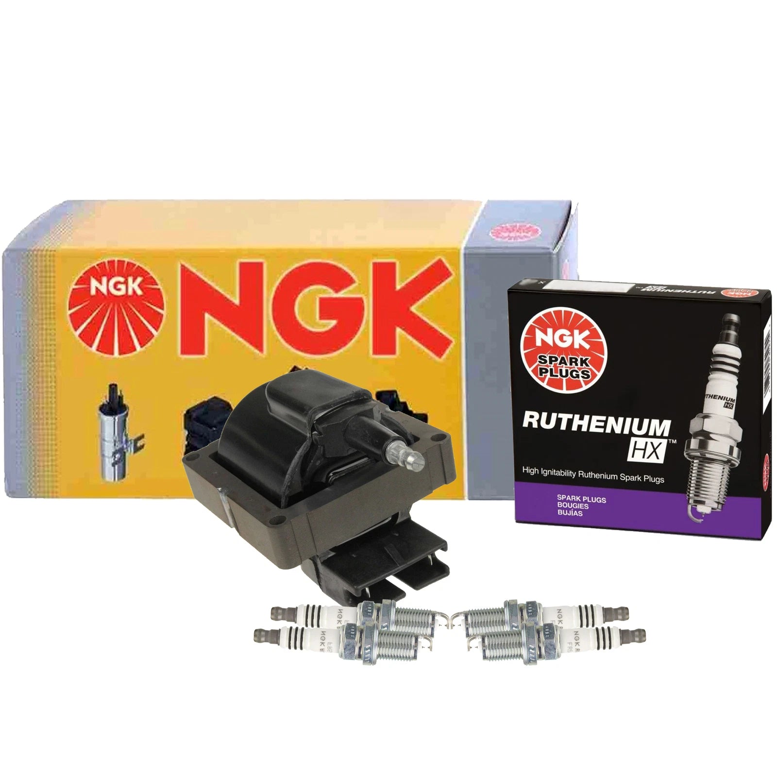 NGK HEI Ignition Coil & 4 Ruthenium HX Spark Plugs for Mazda 626 MX-6 (1990–1997)