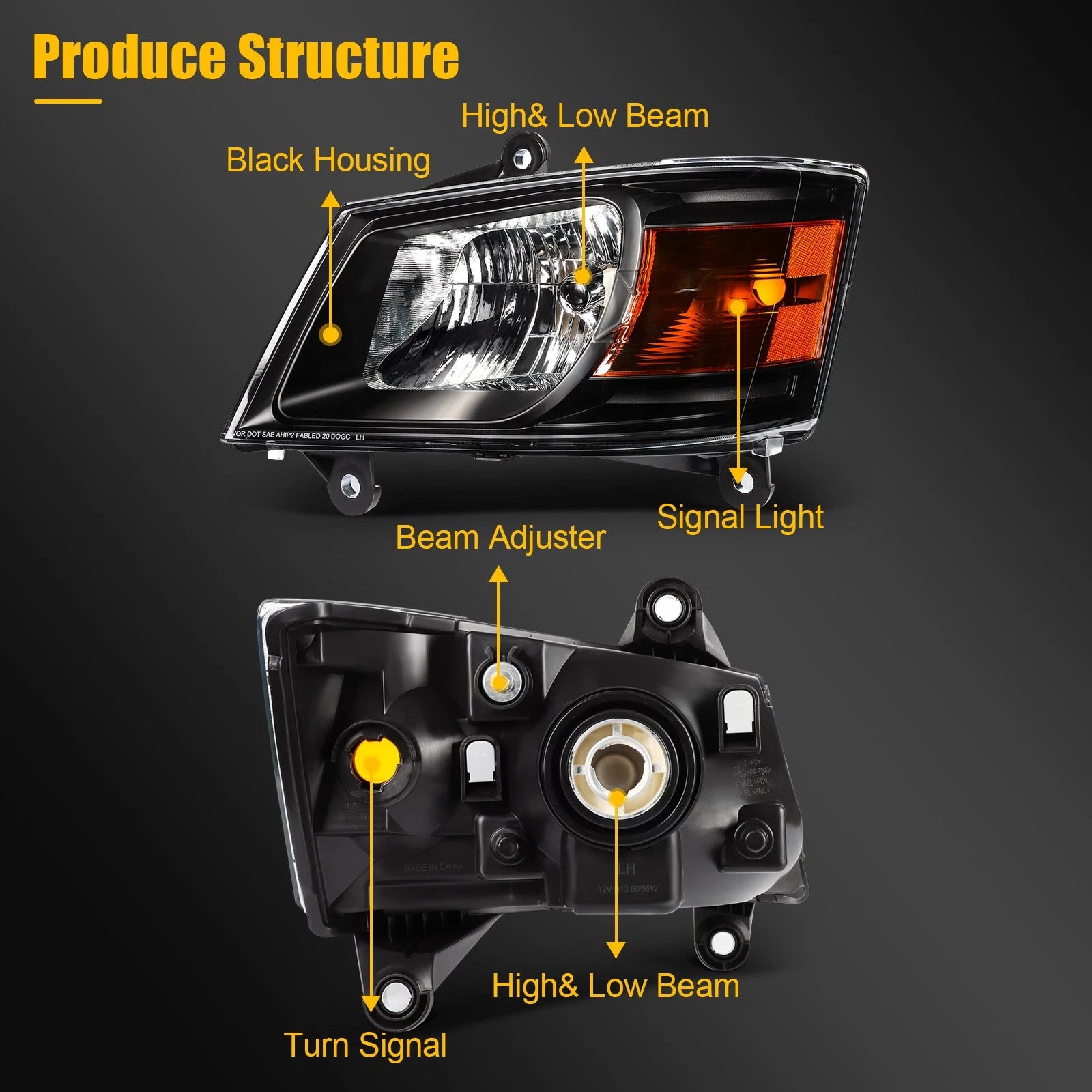 Set of 2 Headlights for Dodge Grand Caravan (2008–2010) Black Housing Amber