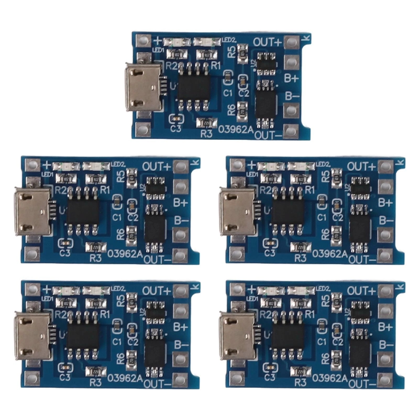 Set of 5 USB Li-ion Battery Charging Boards with Indicator Lights