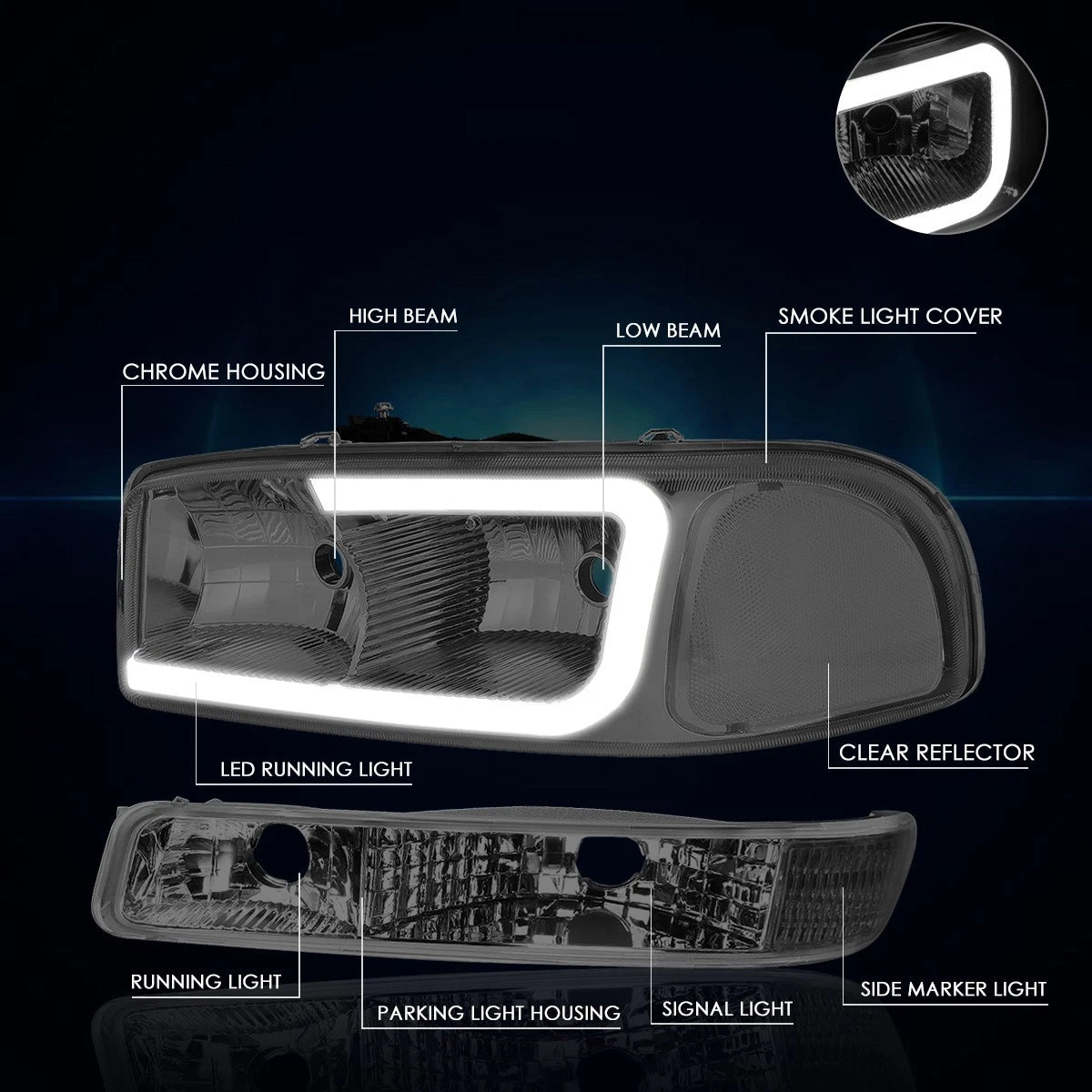 Set of 4 LED DRL Headlights with Bumper Lamp for GMC Sierra/Yukon XL (1999–2007)