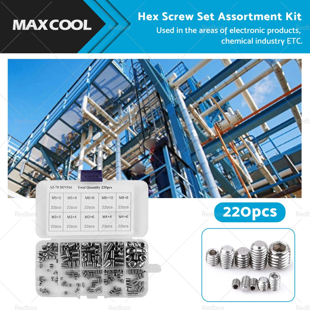 220Pcs Stainless Steel Allen Head Socket Grub Screws Assortment Kit