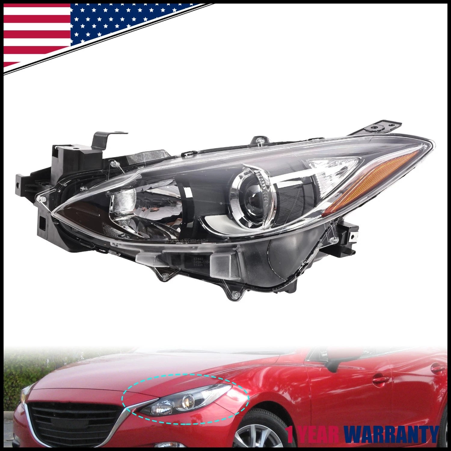 Left Driver Side Headlight for Mazda 3 Hatchback/Sedan (2014–2016)