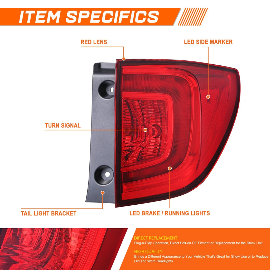 Passenger Side Chrome Red LED Tail Light Brake Lamp for Honda Pilot (2016–2018)