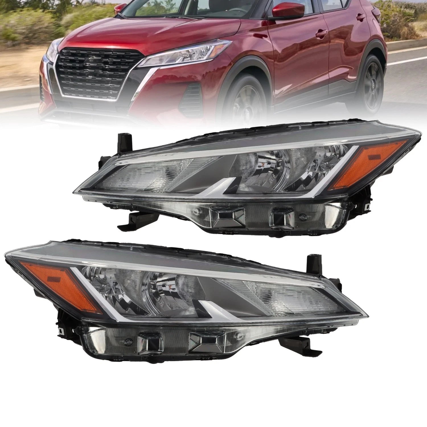 Set of 2 Halogen Headlights for Nissan Kicks (2021–2023) Chrome Left+Right