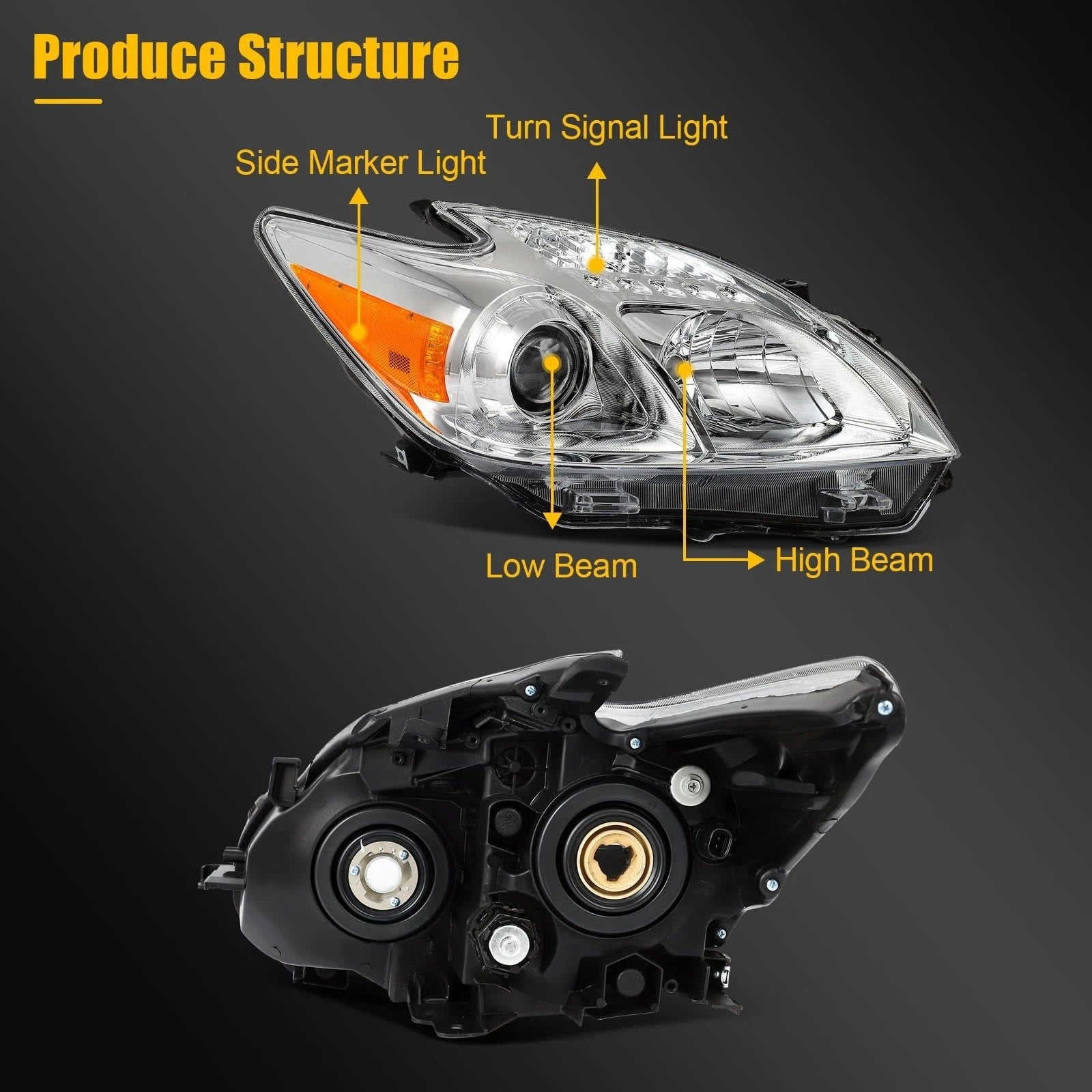 Headlight Assembly for Toyota Prius (2010–2011) Chrome Projector Pair