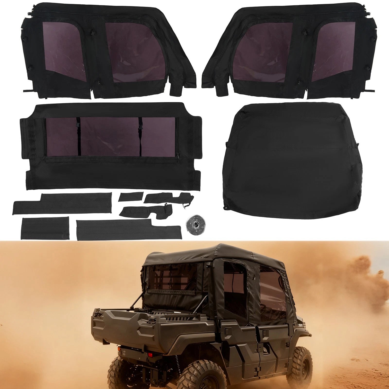 Soft Black Roof for Kawasaki Mule Pro FXT (2015–2023) with PVC Upper Doors & Rear Window