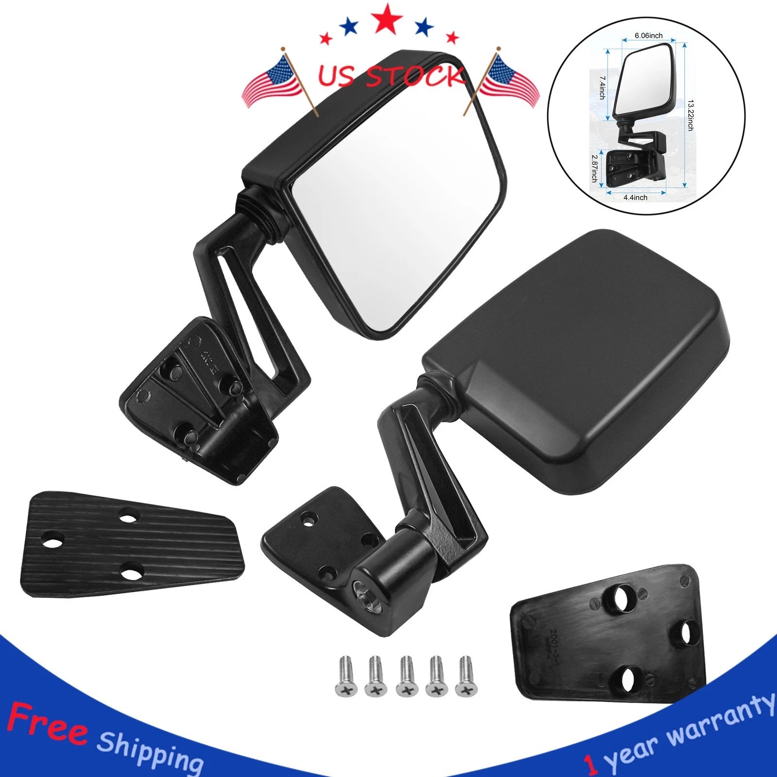 Pair Black Manual Side View Door Mirrors for Jeep Wrangler (1987–2002)