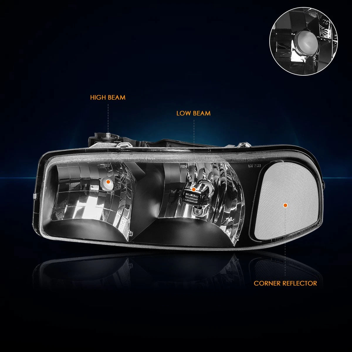 Upper Black Housing Headlight & Clear Side Corner Lamp for GMC Sierra/Yukon (1999–2007)