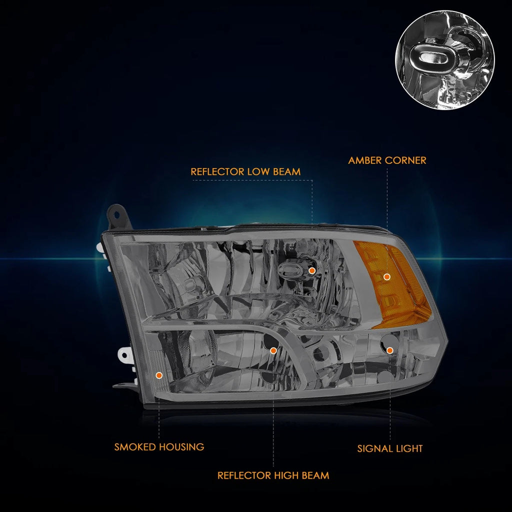 Headlight Assembly Set of 2 for Dodge Ram 1500-3500 (2009–2012) Smoked Amber