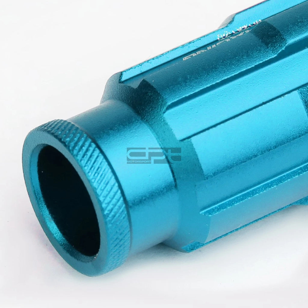Set of 20 Open End M12x1.5 50mm Tall Sky Blue Aluminum Lug Nuts + Adapter