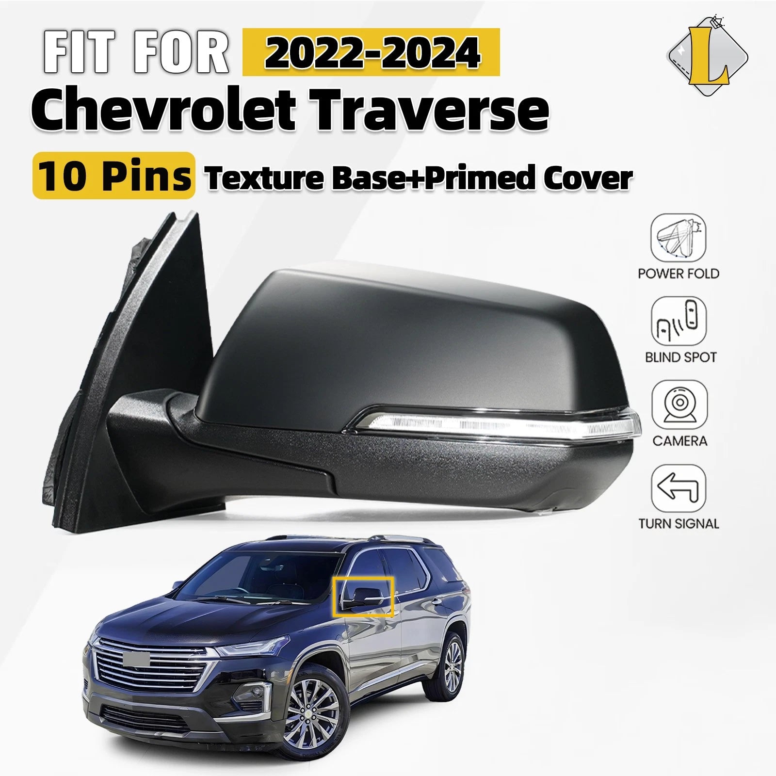 Side Mirror for Chevy Traverse (2022–2024) W/Camera, BSD, Turn Signal, 10 Pin Left