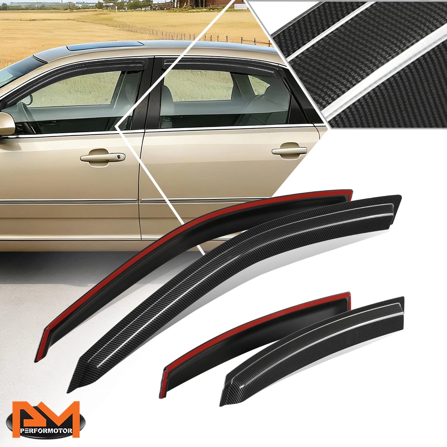 Set of 4 Carbon Fiber Tap-On Window Visors for Chevy Impala (2000–2005)