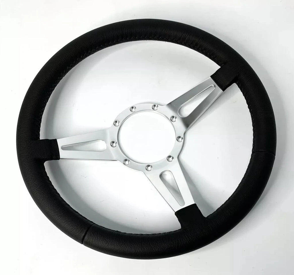14 Inch Slotted Steering Wheel 3 Spoke Black Leather Grip for Universal (9 Hole)