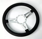 14 Inch Slotted Steering Wheel 3 Spoke Black Leather Grip for Universal (9 Hole)