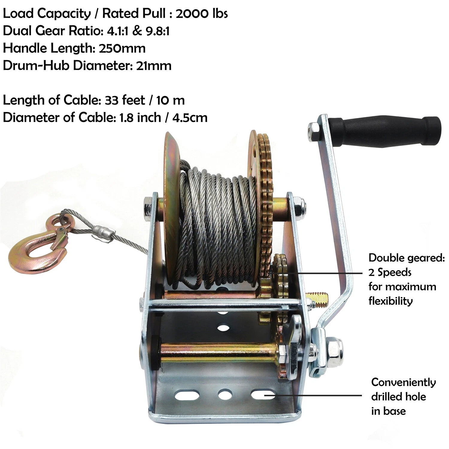 2000Lbs Dual Gear Hand Winch for Towing Boat Trailer
