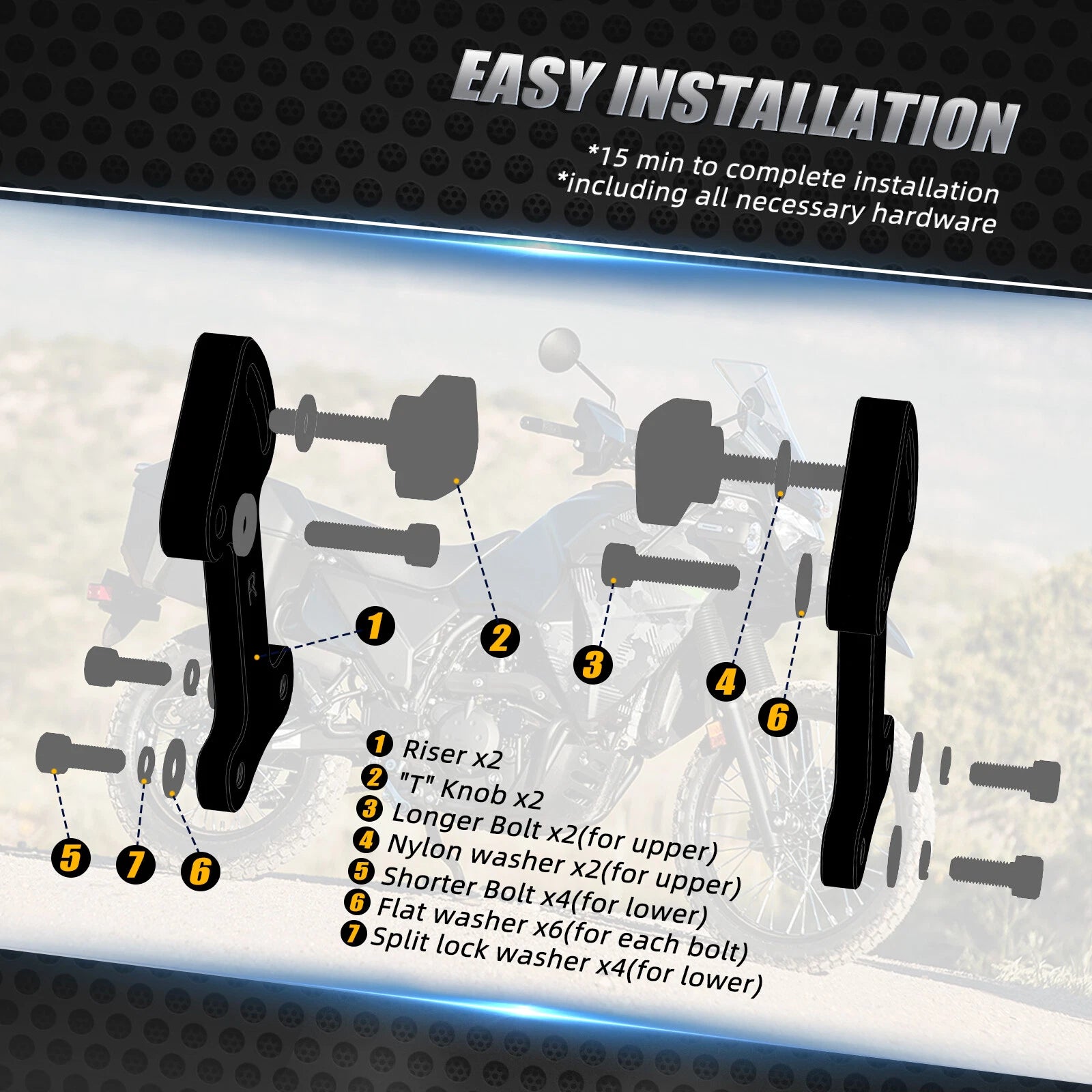 Set of 2 Adjustable Windshield Bracket Risers for Kawasaki KLR650 (2022–2025)