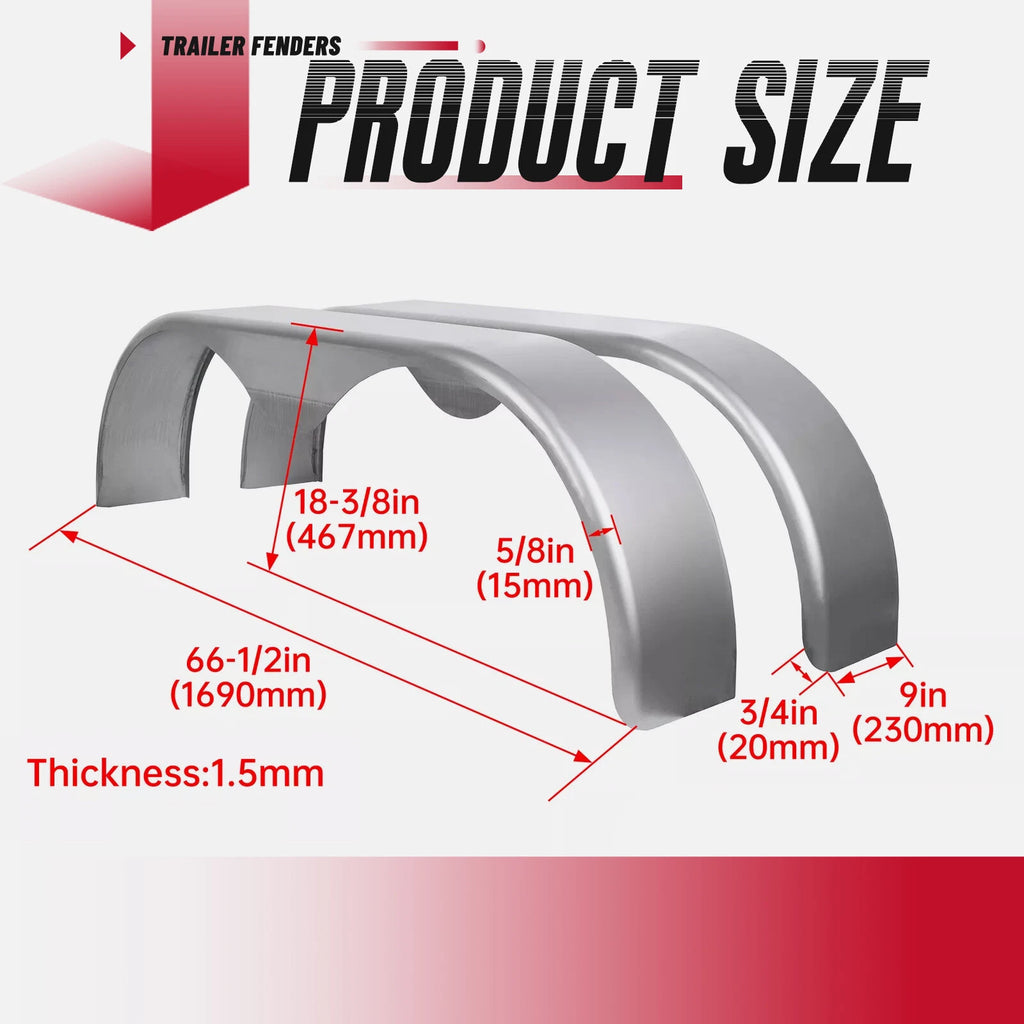 Set of 2 Tandem Double Axle Steel Trailer Fenders 13" 14" 15" w/ Tear Drop