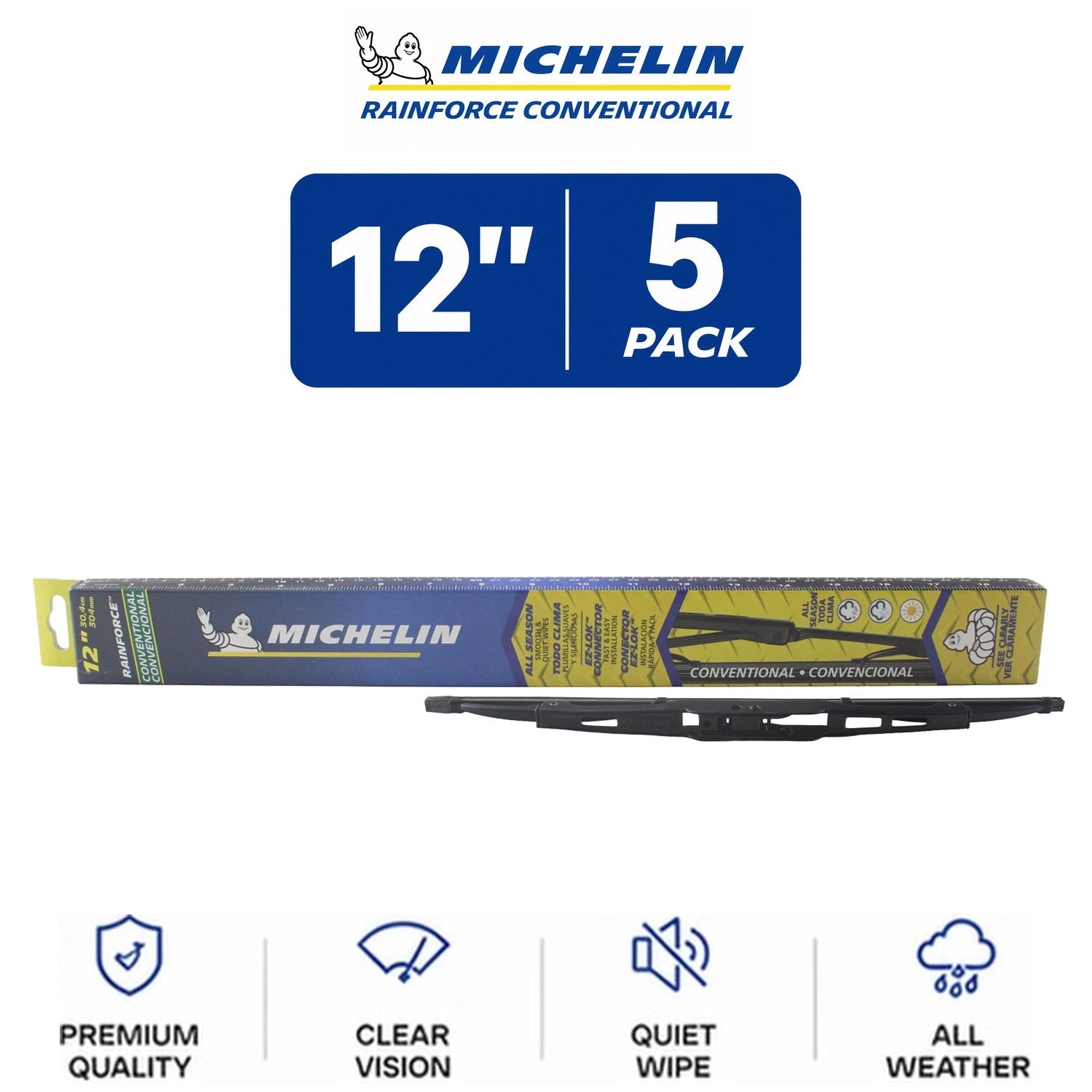 Set of 5 Michelin RainForce Wiper Blades 12" for Universal Fit (All-Season)
