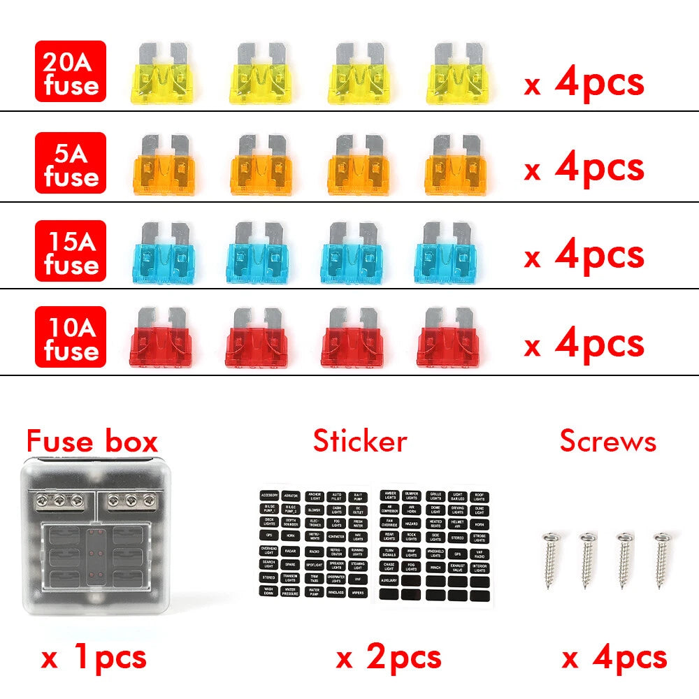 6-Way Waterproof Fuse Box with LED Indicator for 12V/24V Vehicles