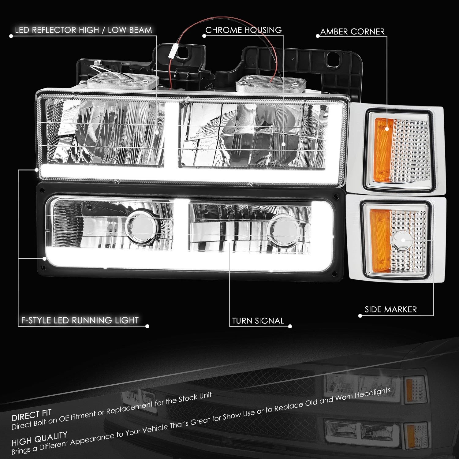 Set of 4 LED Headlight, Bumper Signal, Corner Lamps for Chevy C/K (1994–2000)