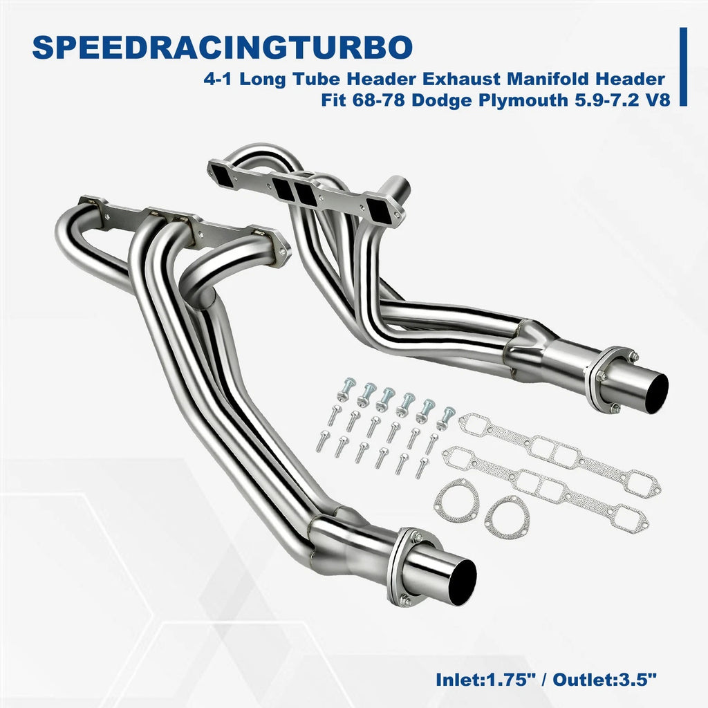 Set of 4 Long Tube Exhaust Manifold Headers for Dodge Plymouth 1968–1978 5.9-7.2 V8
