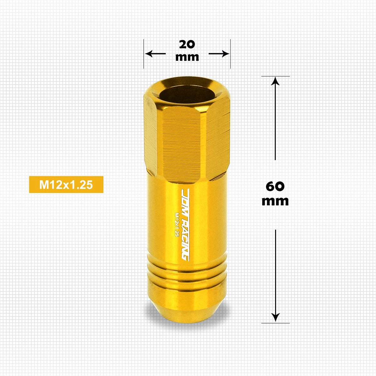 Set of 20 M12X1.25 Gold JDM Open End Conical Hex Wheel Lug Nuts + Extension 20mm x 60mm