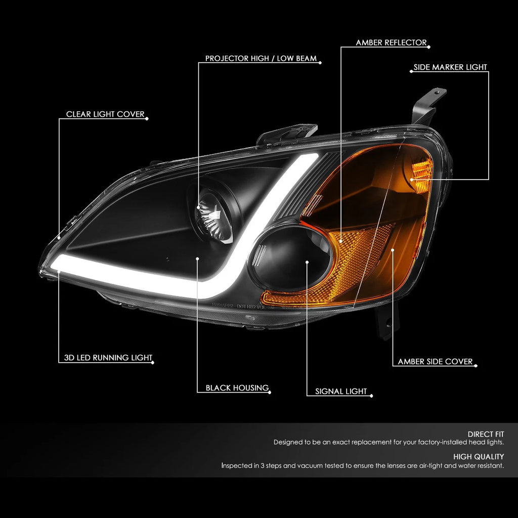 LED DRL Projector Headlight Lamps for Honda Civic Coupe/Sedan (2001–2003)