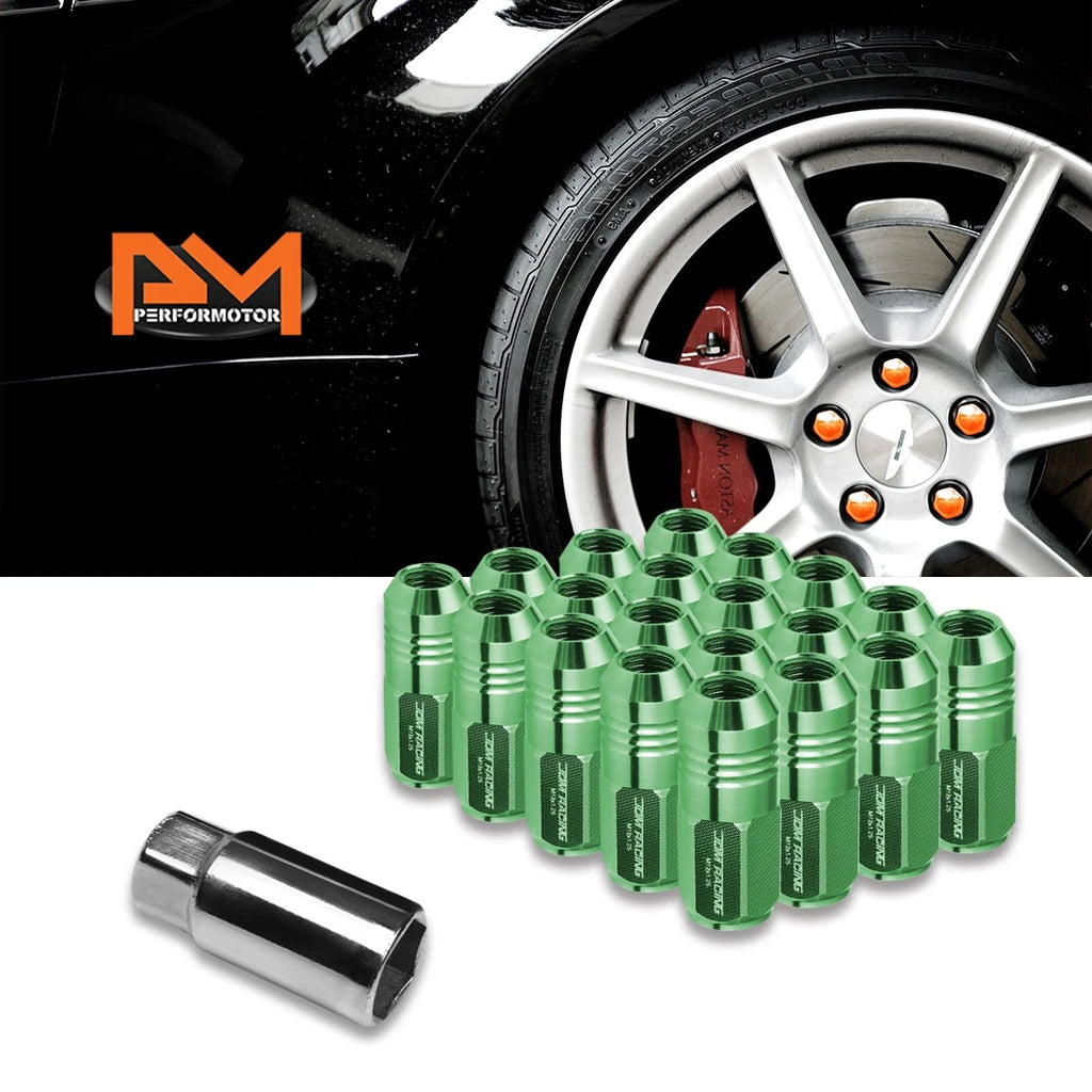 Set of 20 M12X1.25 Green JDM Closed End Cone Hex Wheel Lug Nuts + Extension 20mmx50mm