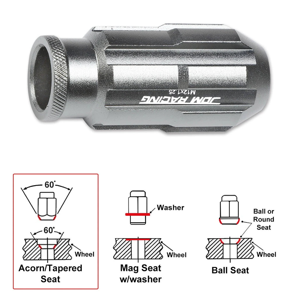 Set of 20 JDM M12X1.25 Gun Metal Open-End Aluminum Rim Lug Nuts + Key