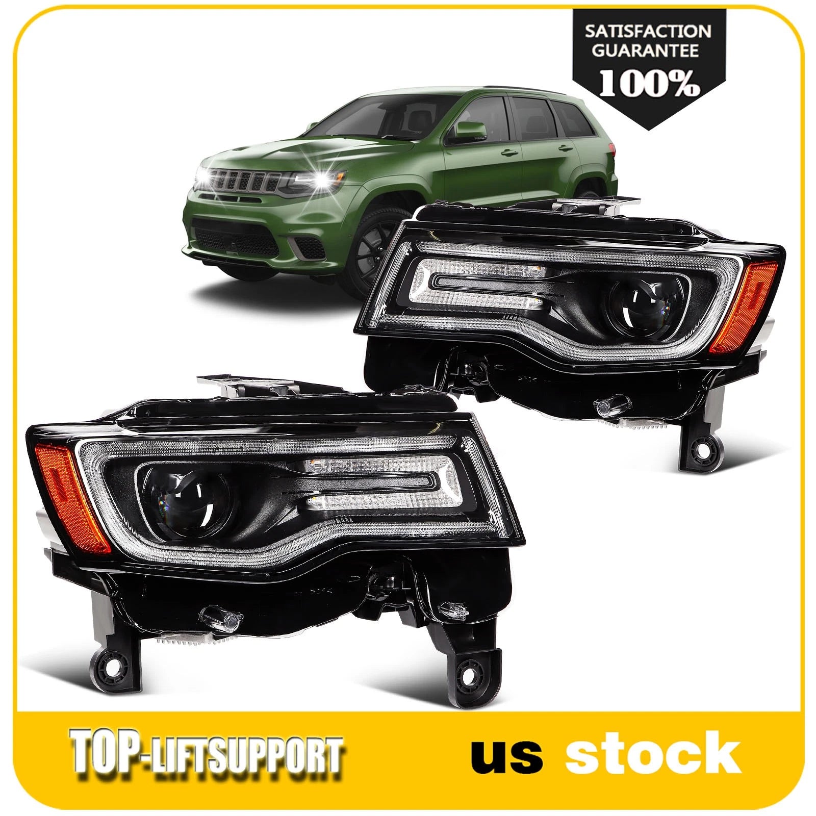Pair of LED DRL HID Xenon Projector Headlights for Jeep Grand Cherokee (2019–2021)