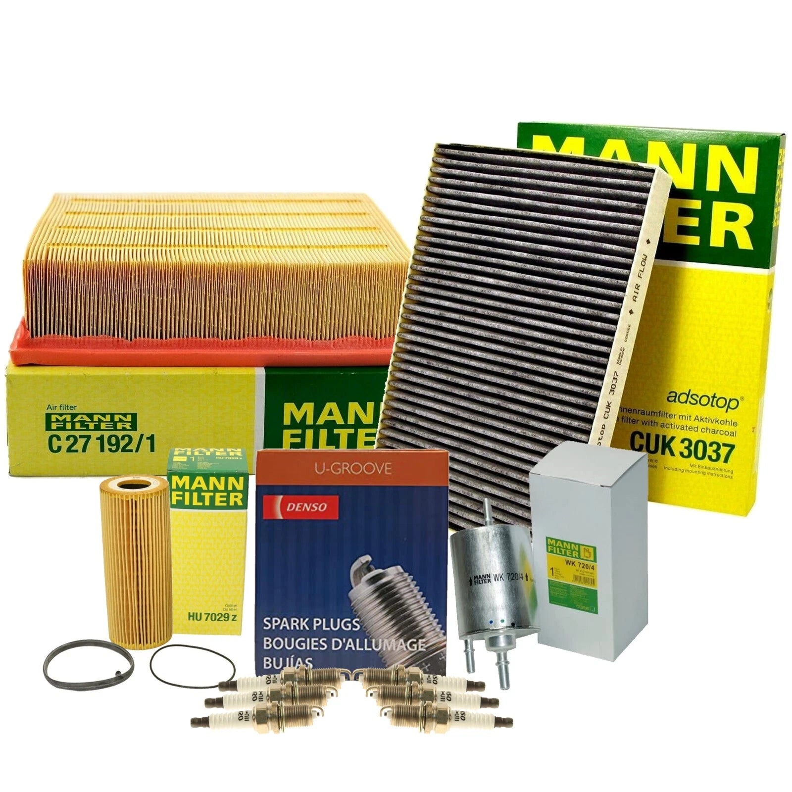 Set of 4 Mann Engine Cabin Air Oil Fuel Filters & Denso Spark Plugs 044 for