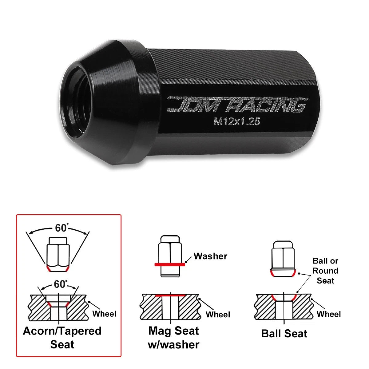 20Pc M12X1.25 Black Closed End Cone Hex Wheel Lug Nuts + Extension 25mmx50mm
