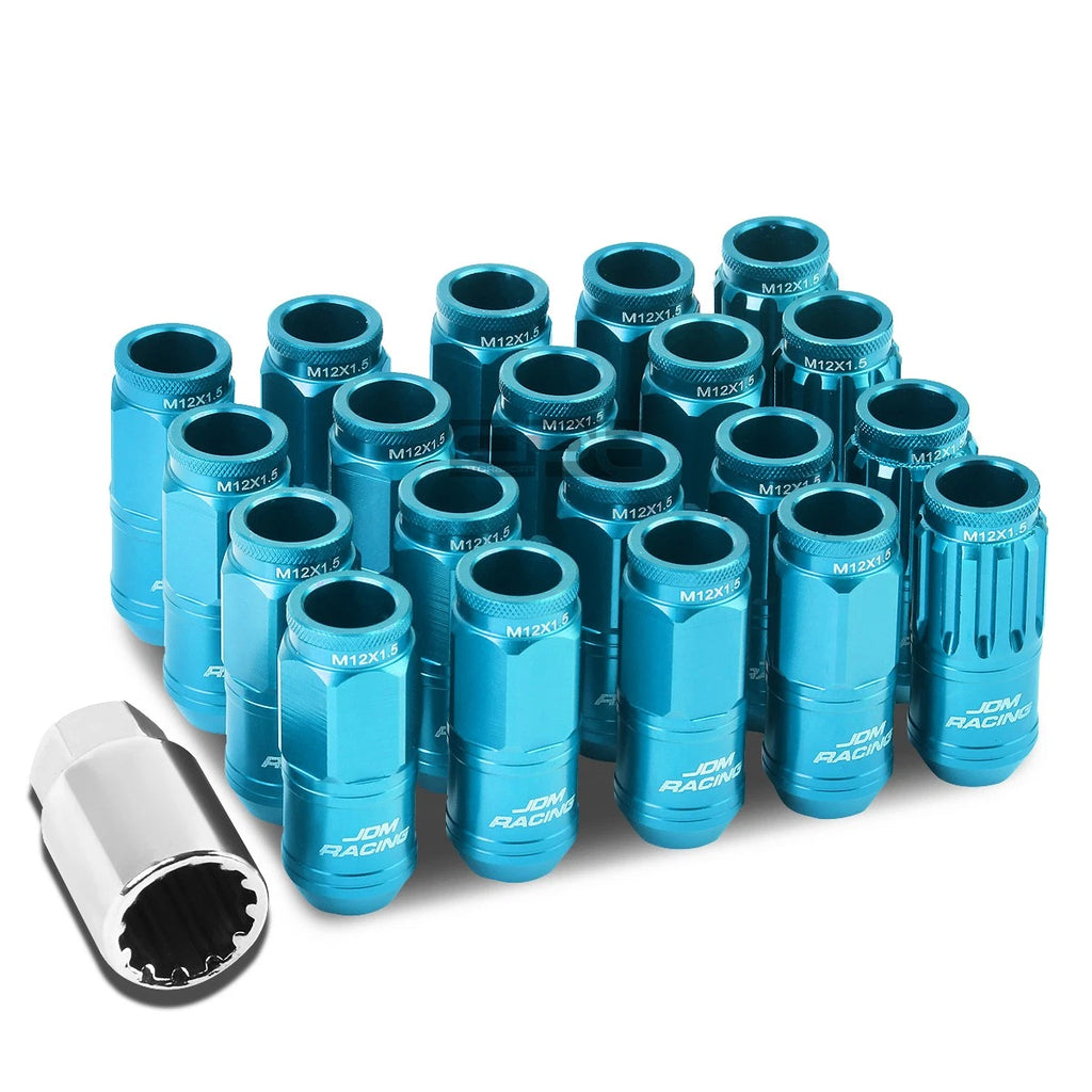 Set of 4 Open-End Aluminum Sky Blue Lug Nuts + Adapter M12x1.5 for Vehicles