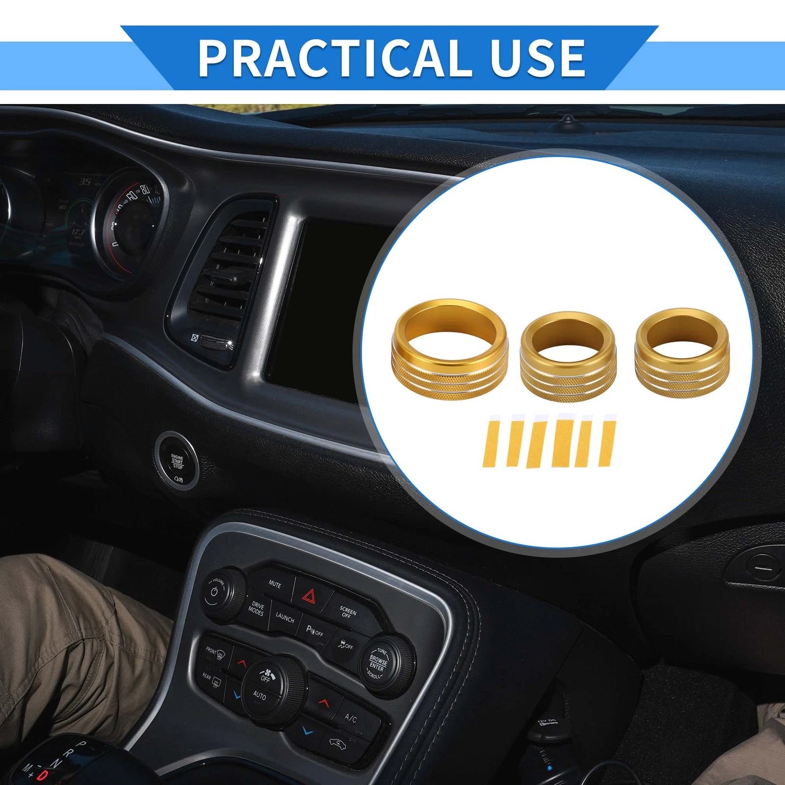 3X AC Media Tune Switch Knob Cover Ring for Dodge Challenger (2015–2019) Gold Tone